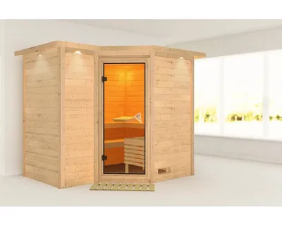 Produktbild von Massivholzsauna Karibu Melanit 2 ohne Ofen mit Dachkranz und bronzierter Ganzglastüre
