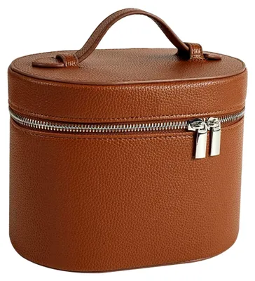 Produktbild von Kosmetiktasche aus Leder, große Tasche mit Reißverschluss, Trennwänden und Griff, wasserdichter Kosmetik-Organizer für Zuhause und unterwegs, 15,2 x 14,5 x 7,9 cm, braunes Leder