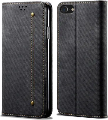 Produktbild von iPhone 8 Hülle, LaimTop Denim Leder Brieftasche Magnetverschluss Flip Bookstyle Schutzhülle mit Standfunktion für iPhone 6 / 6s / 7 / 8 Schwarz