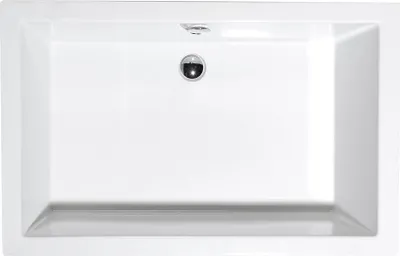 A top-down view of a white rectangular shower tray with a chrome drain in the center.