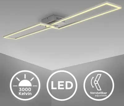 A modern, rectangular LED ceiling light with two intersecting frames, mounted on a white ceiling. Below the light, there are three circular icons displaying product features: 3000 Kelvin color temperature, LED technology, and adjustability.