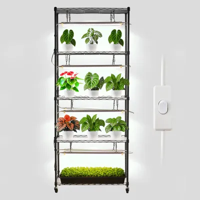 Image de Étagère à plantes DIY VEVOR avec lampes de culture, support pour plantes d'intérieur de 180 cm de haut avec roulettes, lampes de culture à spectre complet 192 W 5000 K, étagère à plantes robuste en métal, support pour pots de fleurs pour la culture de graines