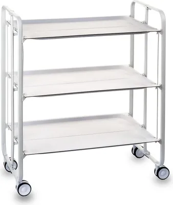 A white, three-tiered serving cart with wheels is shown against a white background.