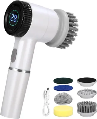 Image de Brosse de nettoyage sans fil - Nettoyeur électrique - Anti-tartre pour salle de bain - 5 têtes interchangeables - Rechargeable - Blanc