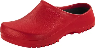 A single red Birkenstock Super Birki shoe is shown from a side-diagonal angle against a white background.