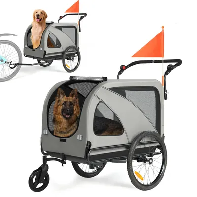 Produktbild von Hunde Fahrradanhänger 2-in-1 bis 50 kg, Tieranhänger mit Buggy-Funktion, Sicherheitsleine und Reflektoren, 10202NS, Fahrradanhänger für Hunde, Grau