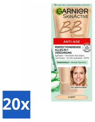 Imagen del producto de 20 unidades de crema BB antiedad Garnier SkinActive, tono claro - Crema de día con color, 50 ml - Paquete económico - 20 unidades
