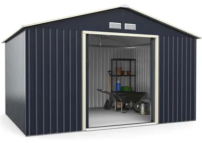 Produktbild von Geräteschuppen aus Metall - Gartenschuppen - 340×255×210 cm - Schiebetür - Abschließbar - 4 Lüftungsöffnungen - Wasserdicht - Grau