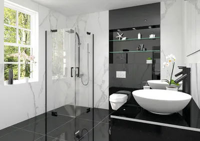 Produktbild von Jungborn Eckeinstieg SETTE 100 x 80 cm Profilfarbe schwarz Klarglas mit schmutzabweisende Glasbeschichtung und Stangengr