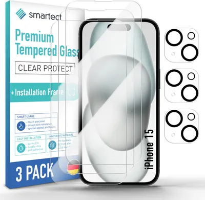 Produktbild von smartect Schutzglas Klar für iPhone 15, 3 x Front + 3 x Cam + Positionierhilfe