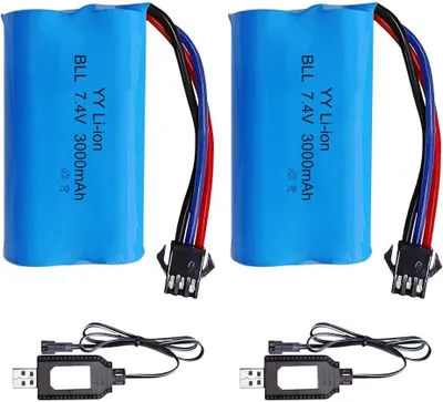 Produktbild von YUNIQUE GREEN-CLEAN-POWER Li-Ion Akku 7.4V 3000mAh SM-3P 2er Set mit 2x USB Ladekabel für RC Auto Panzer Boot Roboter wiederaufladbar