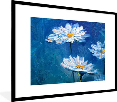 Produktbild von MuchoWow® Gerahmtes Poster Gemälde - Ölfarbe - Blumen - Blau 80x60 cm - Poster mit Schwarzem Bilderrahmen Wandposter Rahmen Foto Bilder - Schlafzimmer-Dekorationen - Fotoposter