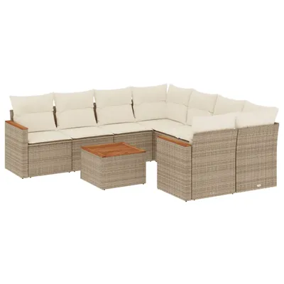 Produktbild von 9-teilige Garten-Sofagarnitur, modular, aus beigem Poly Rattan & pulverbeschichtetem Stahl, mit Akazienholz-Tisch, cremeweißen Kissen