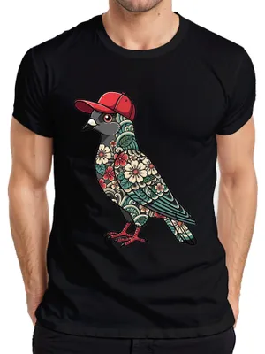 Immagine prodotto di T-shirt da uomo, nero, taglia 3XL, con motivo di una colomba che indossa un berretto da baseball, fiori di ciliegio, stile giapponese urbano, ispirazione Y2K