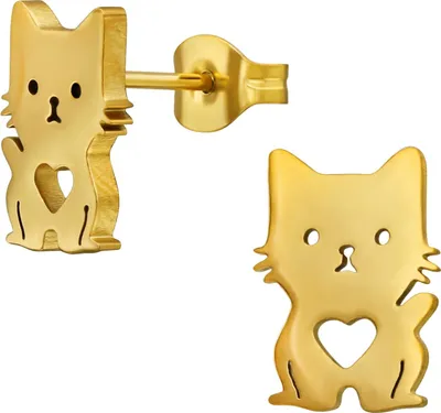 Produktbild von Ohrstecker Katze mit Herz aus Edelstahl Gold Unisize Maxte