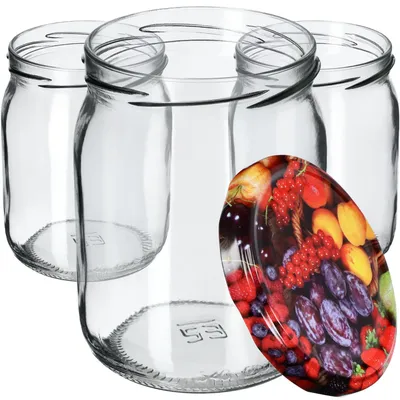 Several empty glass jars are arranged in the foreground, with a lid featuring a colorful fruit pattern placed in front of them.