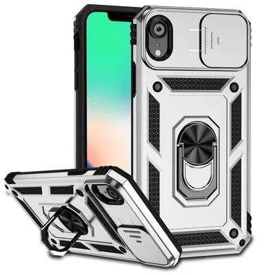 Immagine prodotto di Custodia per iPhone XR a doppio strato con copertura scorrevole della fotocamera e supporto ad anello Argento