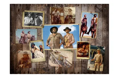 A collage of vintage movie stills from Western films, arranged on a wooden plank background.