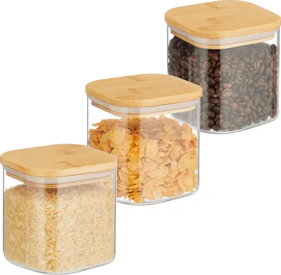 Produktbild von Relaxdays Vorratsgläser mit Bambusdeckel, 3er Set, eckige Vorratsdosen aus Glas, 600 ml, luftdicht, transparent/natur