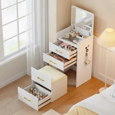 Image de Omgoods - Table de maquillage d'angle avec miroir et espace de rangement