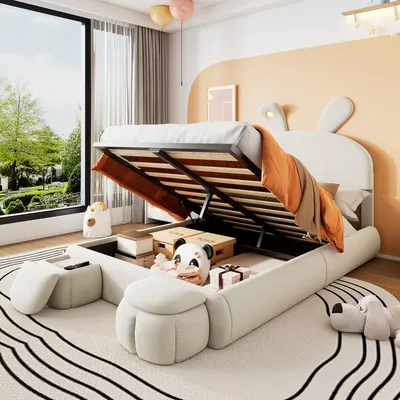Produktbild von Hygienebett mit LED-Beleuchtung, Stauraum und zwei Hockern – Samtbezug in Beige, 140x200cm