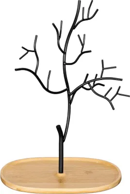 Produktbild von Famanu Schmuckbaum aus Bambus und Metall - Schmuckständer für Ketten, Ohrringe & Ringe - Dekorativer Schmuckhalter - 31 cm hoch