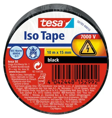 Produktbild von tesa Isolierband, Iso Tape, Abdichtband, Dichtungsband, Kabelklebeband, schwarz, 10 m x 15 mm