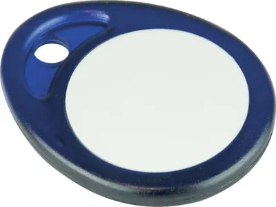 A product shot of a blue and white proximity tag.