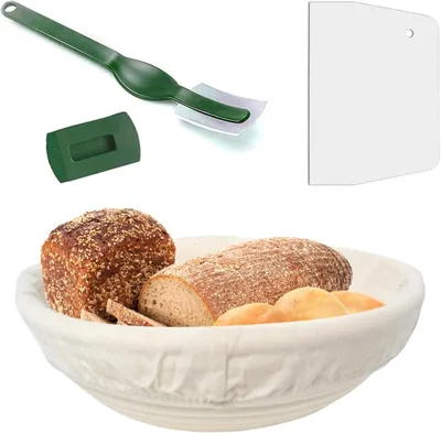 Immagine prodotto di Set di cesti per la fermentazione del pane, diametro 25 cm, con rivestimento in lino e spatola per impasto, ideale per la cucina