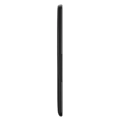 A side view of a black e-reader on a white background.