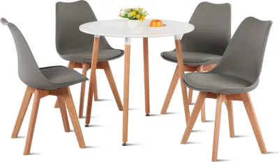 Obrázek produktu pro HJ_WeDoo Jídelní stůl kulatý bílý s 4 jídelní židlí šedý - Skandinávský jídelní set 80×80×70 cm - do kuchyně, kanceláře, konferenční místnosti