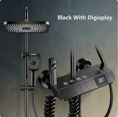 Produktbild von Digitale Duscharmatur - Thermostat Duschmischer Set - LED-Display - Temperaturregelung - Höhenverstellbar - Messingkörper - Schwarz