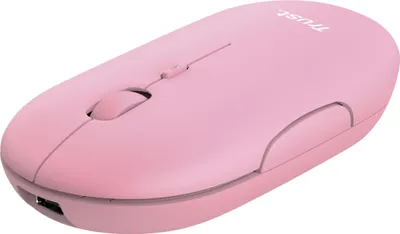 A pink wireless computer mouse is shown from a slightly elevated side angle against a white background.