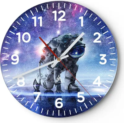 Produktbild von Wanduhr - Rund - Glasuhr - Kosmonaut Weltraum - 30x30cm - Schleichendes Uhrwerk - Lautlos - zum Aufhängen bereit - Dekoration Modern - Wanddekoration aus Glas - C4AR30x30-3985