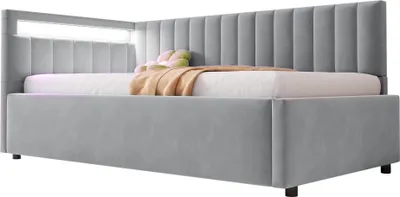 Produktbild von STILVORA Polsterbett Daybett 90x200cm Schlafsofa mit LED & hydraulischem Stauraum,Seitliches Kopfteil austauschbar,Samtstoff,Hellgrau（ohne Matratze）