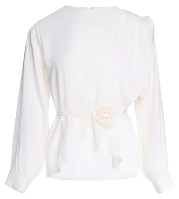 Produktbild von Damen Satin Bluse weiß mit U-Boot-Ausschnitt, langen Ärmeln, Rüschen und Bindegürtel, Gr. S