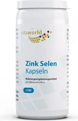 A white bottle of Vita World Zink Selen capsules against a white background.
