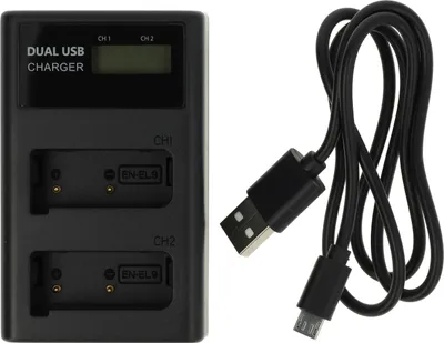 Produktbild von vhbw Dual Micro-USB + USB-C Ladegerät kompatibel mit Nikon D3000, D40, D40A, D40x, D40C Kamera - Ladeschale + Micro-USB Kabel Ladeanzeige + Display