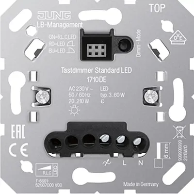 The back of a Jung 1710DE Tastdimmer Standard LED device, showing connection terminals and product information.