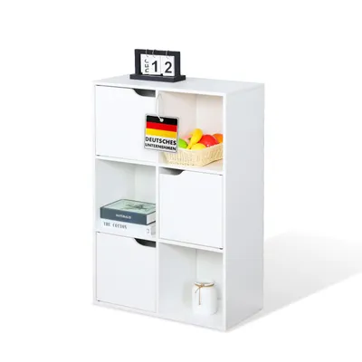 Produktbild von Bücherregal, Weißes Standregal aus MDF mit 6 Fächern & 3 Türen, 59,6 x 29 x 91 cm, Kippschutz, Connecticut