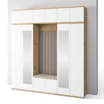 Produktbild von Garderoben-Set Aura Version 10: Kleiderschrank mit Polsterpaneelen, Schuhschrank Flur und Eingangsbereich (weiß/Artisan-Eiche /Trinity 02)