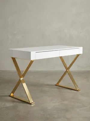 Produktbild von Hochglanz-Weißer Schreibtisch, Goldene Beine, Modern, 2 Schubladen. 118x57x76 cm | Kadima Design