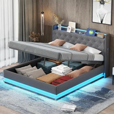 Produktbild von LED Polsterbett 160x200cm mit USB-Ladeanschluss und hydraulischem Stauraum, graues Bett aus Leinenstoff mit Metalllattenrost für Schlafzimmer