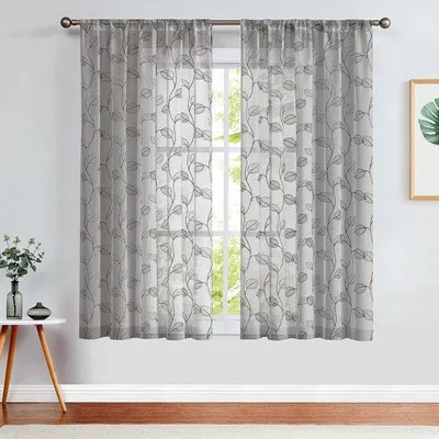 Image de Rideaux translucides Unyqoos® avec motifs de feuilles brodés, lot de 2, gris, 140 x 145 cm, polyester – idéaux pour les salons et les chambres