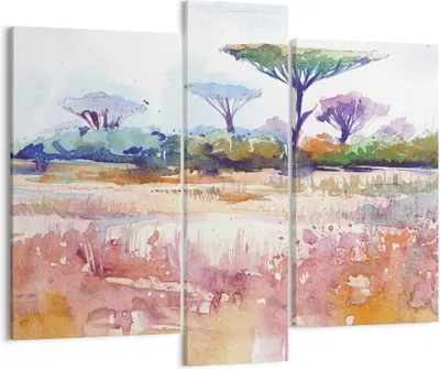 Produktbild von Bild auf Leinwand - Leinwandbild - 3 Teile - Aquarell Savanne Bäume - 95x80cm - Wand Bild - Wanddeko - Wandbilder - Leinwanddruck - Bilder - Wanddekoration - Leinwand bilder - Wandbild - CB95x80-4484