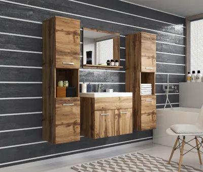 A modern bathroom vanity set with wooden cabinets and a mirror, set against a striped dark gray wall.