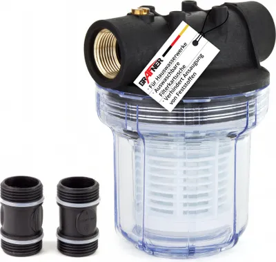 Produktbild von Grafner Vorfilter Hauswasserwerke Gartenpumpen, mit Filtereinsatz, platzsparende Ausführung, 1“ IG und 2x 1“ AG Adapter, 5,5 bar, 3000 l/h, Filter Pumpe