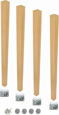 Four wooden table legs and mounting hardware are arranged on a white background.