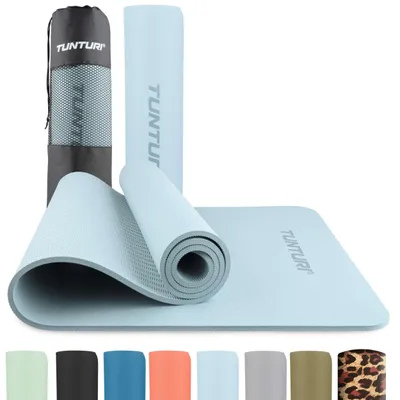 Produktbild von Tunturi Dicke Yogamatte 8mm - Rutschfest Gymnastikmatte  - Mit Tragegurt - Für Yoga und Pilates -  Sportmatte 183x61x0,8cm -Schadstofffrij - Besonders komfortabel - Hellblau