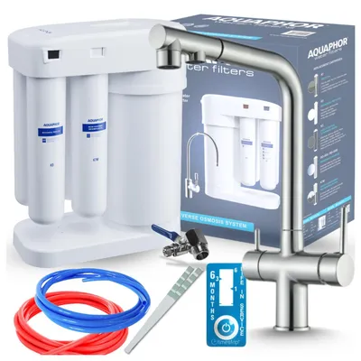 Produktbild von Ari 3-Wege-Küchenarmatur Venom, Edelstahl, Ausziehbare Spültischarmatur Im Set Mit Aquaphor Morion 101S Ro Wasserfiltersystem